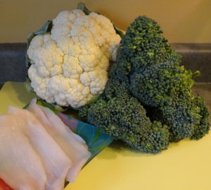 Sweet baby broccoli, cauliflower, and sole filets