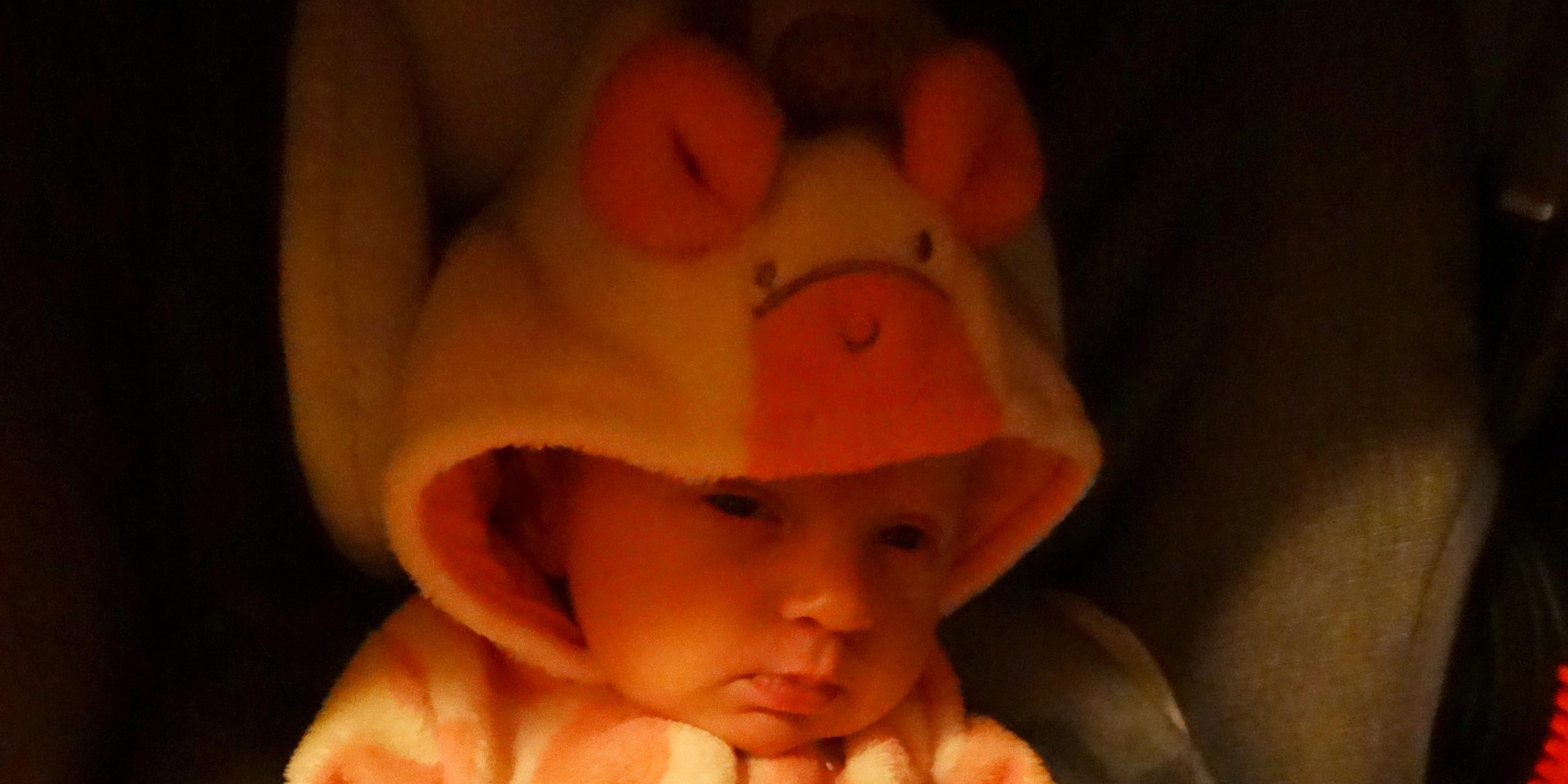 Baby in a pink giraffe outfit.